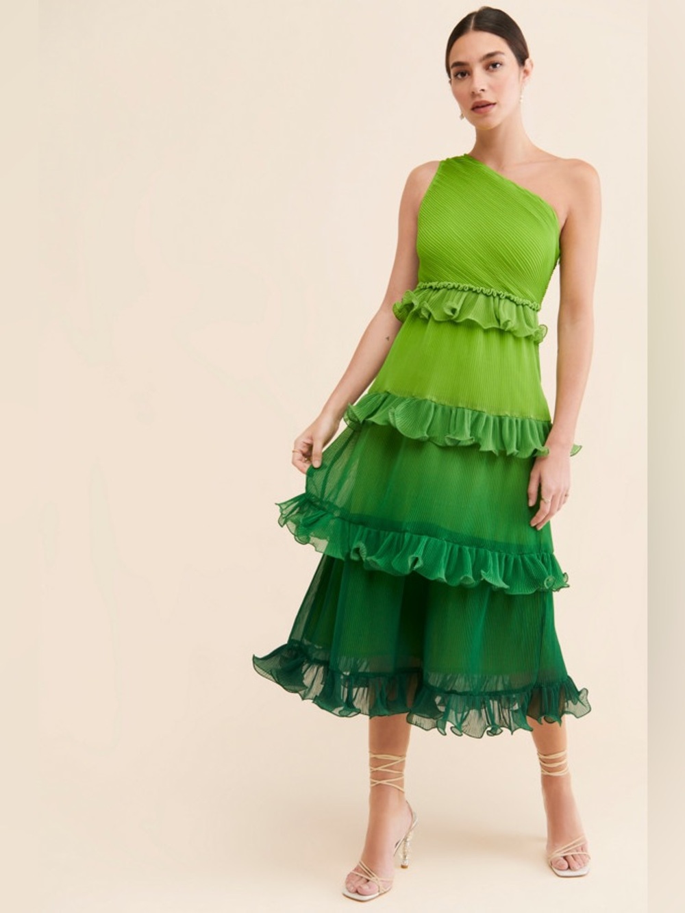 Vineet Bahl Tiered Ombre Midi Green One Shoulder Midi Dress M